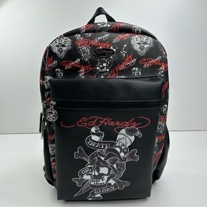 Ed Hardy Death and Glory Tattoo Print Laptop Backpack Black White Red NWT